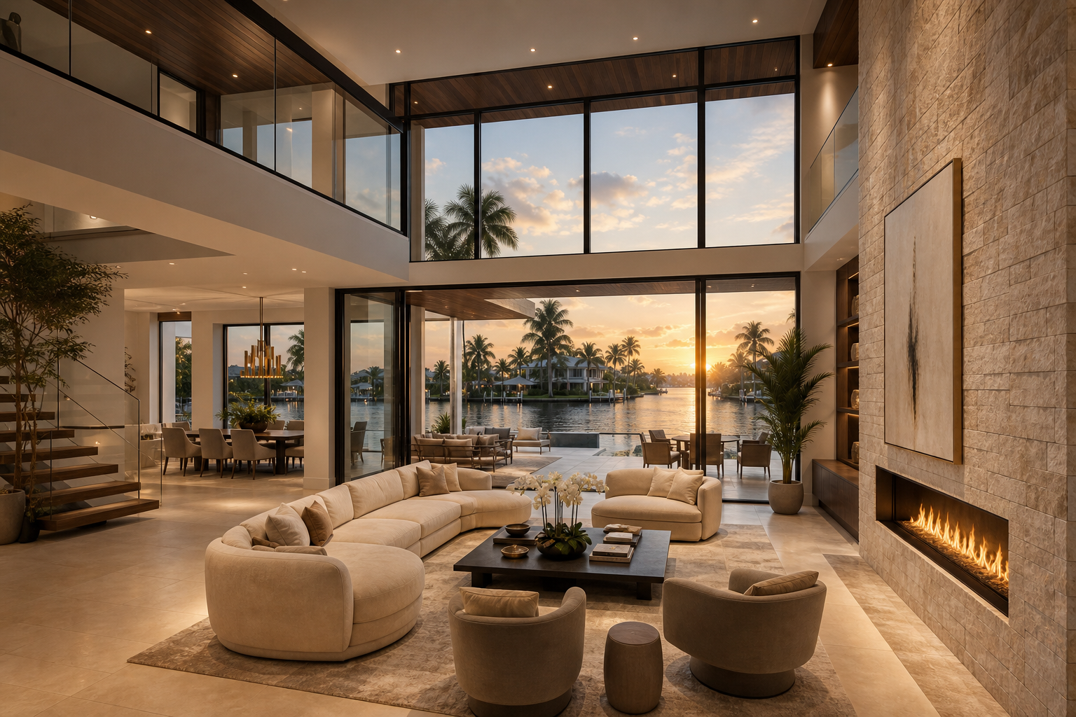 Refined residential interior overlooking the water